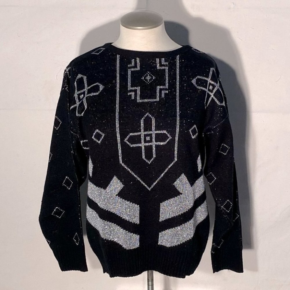 Vintage Paris Star Black Silver Knit Crew Neck Sweater S